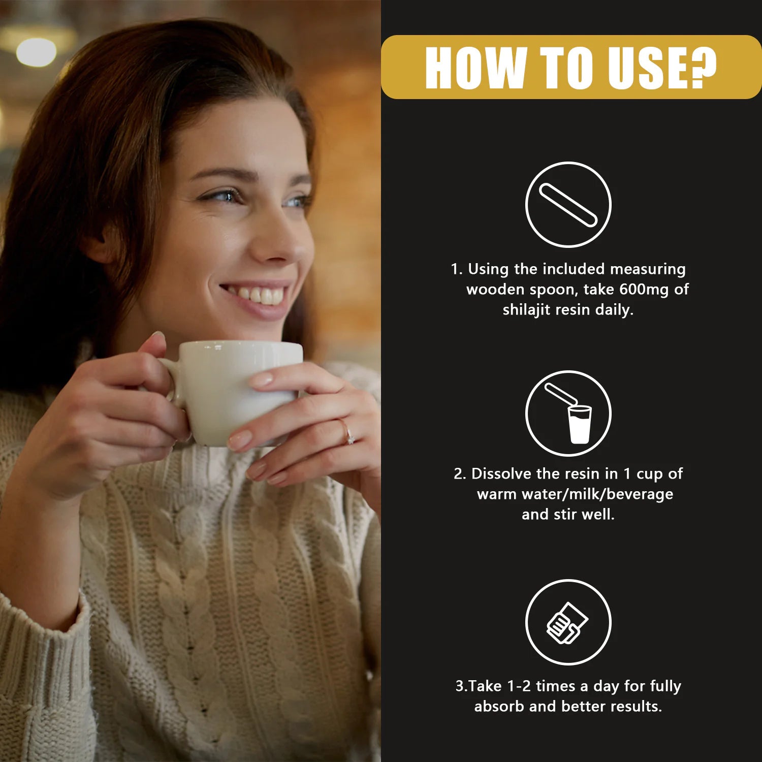 An image of a smiling girl with a coffee mug and the instructions of use