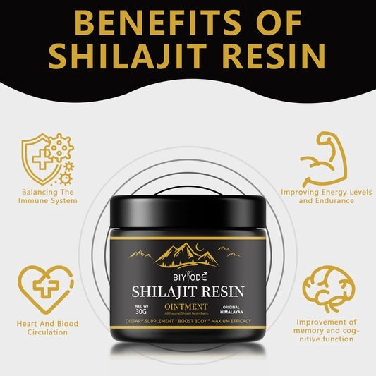 A 30g Shilajit Resin Box with the benefits on the image